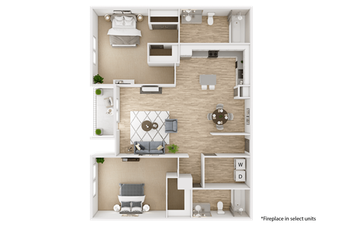 Floor plan for 2 beds, 2 baths, 1159 sqft